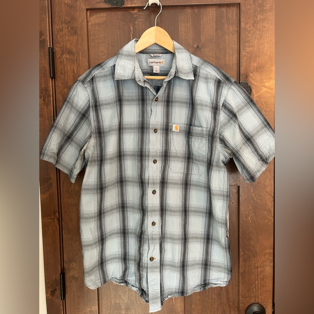 Carhartt Men's Plaid Short Sleeve Button Down Shirt L Relaxed Fit Blue & Navy